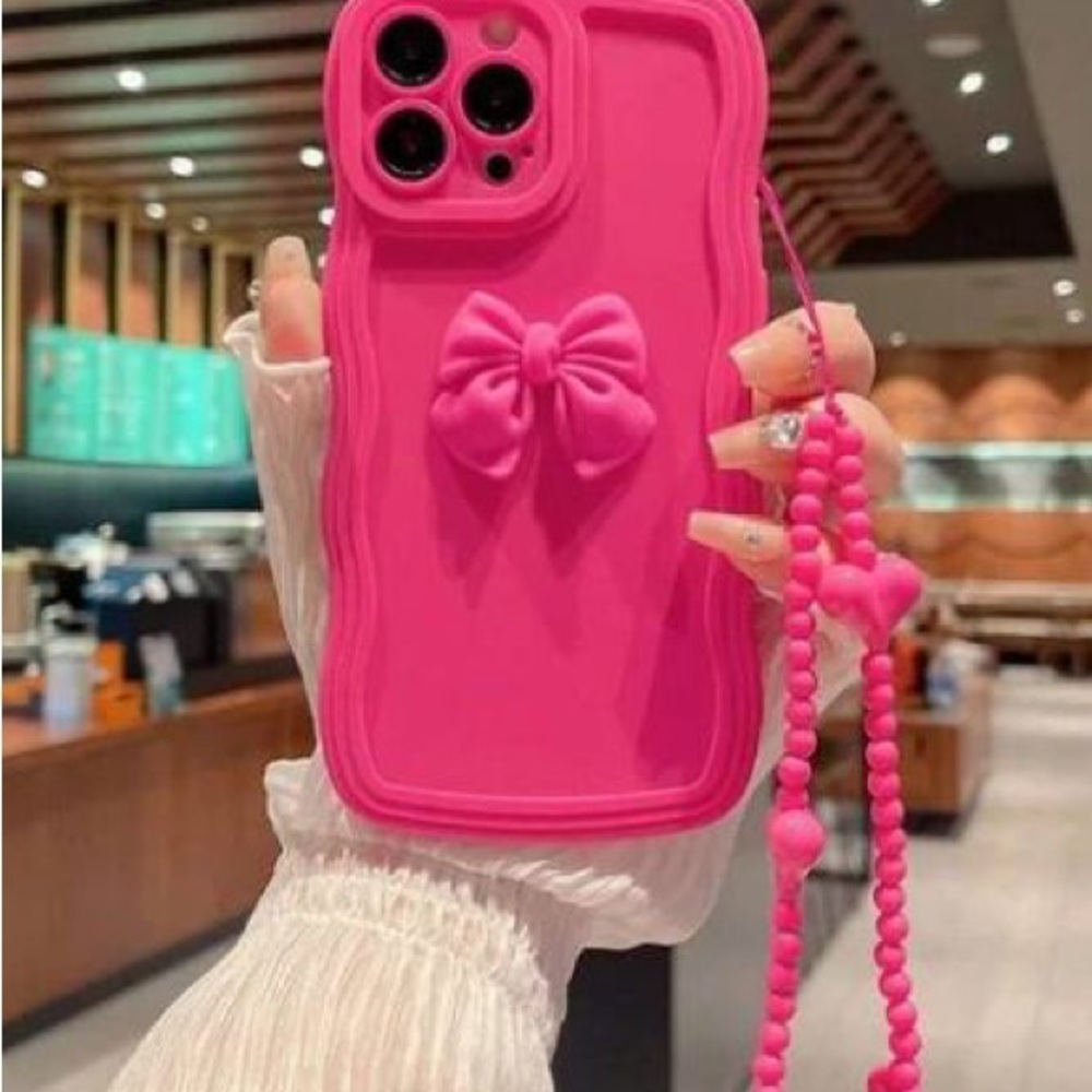 Pink Bow Phone Case with Beaded Strap